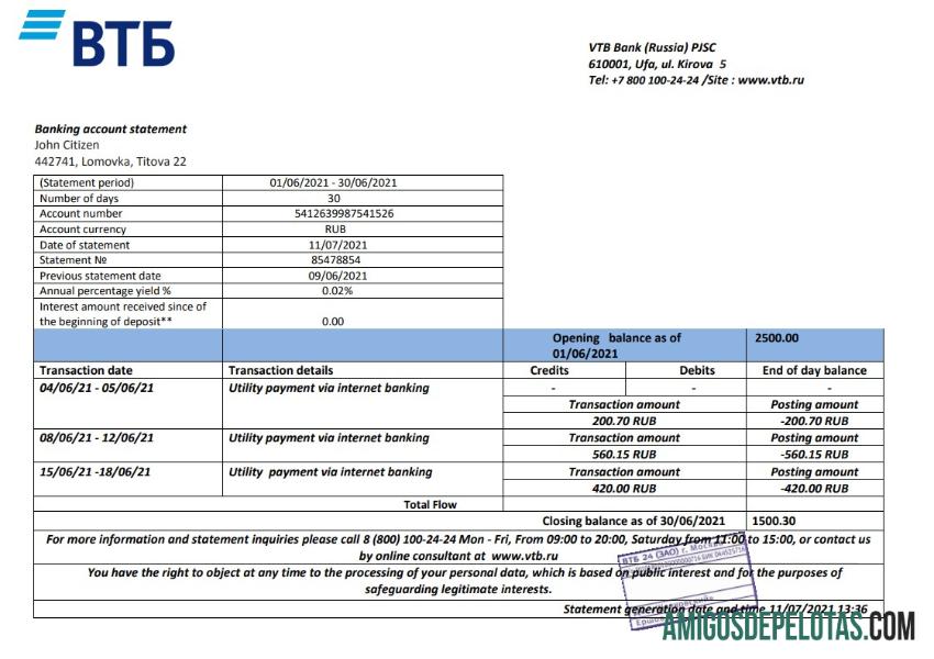 Modelo realista de comprovante de endereço do Banco VTB da Rússia em formato Word e PDF